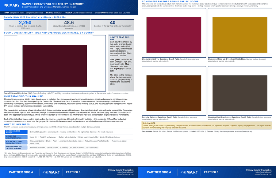 County Choropleth template: a two-page one-pager with a bivariate choropleth map on the front and four component-factor maps on the back.